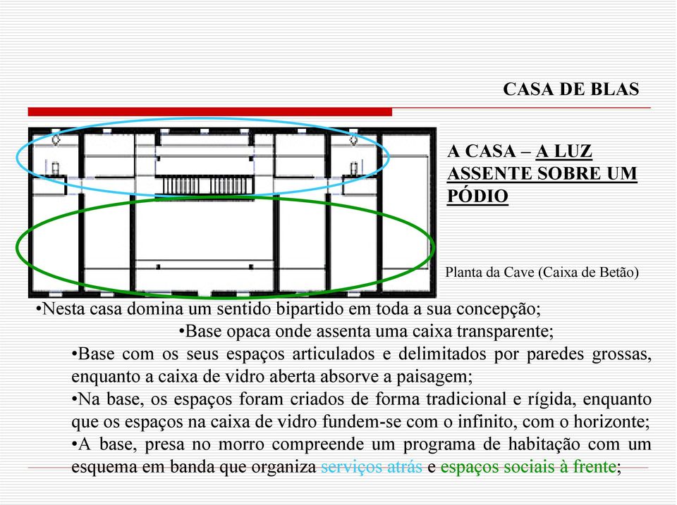 paisagem; Na base, os espaços foram criados de forma tradicional e rígida, enquanto que os espaços na caixa de vidro fundem-se com o infinito, com o