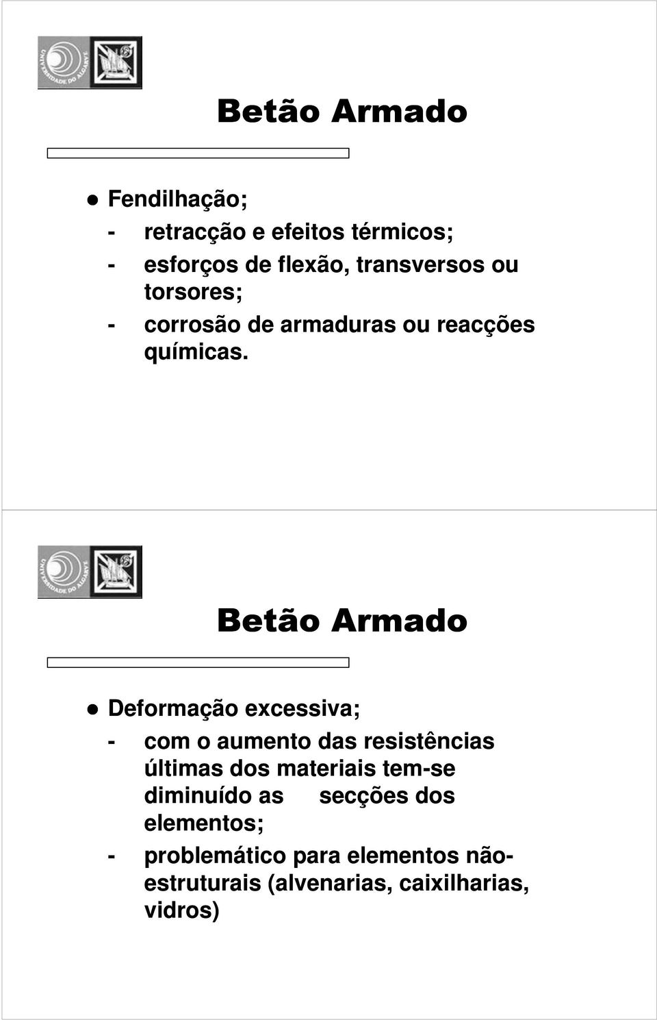 Betão Armado Deformação excessiva; - com o aumento das resistências últimas dos materiais