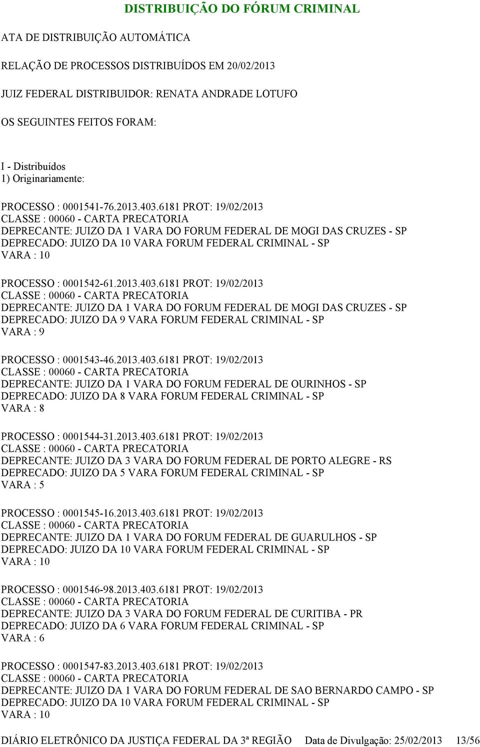 6181 PROT: 19/02/2013 DEPRECANTE: JUIZO DA 1 VARA DO FORUM FEDERAL DE MOGI DAS CRUZES - SP DEPRECADO: JUIZO DA 10 VARA FORUM FEDERAL CRIMINAL - SP PROCESSO : 0001542-61.2013.403.