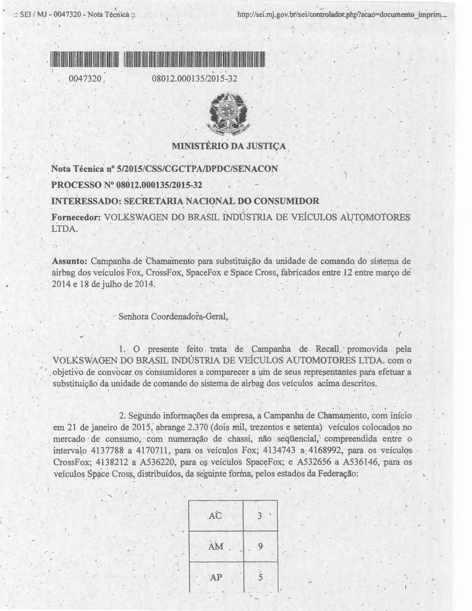 ..... Nota Técnica n 5/2015/CSS/CGCTPA/DPDC/SENACON PROCESSO No 08012.000135/2015-32 NTE}.U:SSAD~: SECRETA_RA NAC~NAL DO CONSUMDOR Fornecedor: VOL(SWAGEN DO BRASL NDÚSTRA DE VEÍCULOS AUTOMOTORES LTDA.