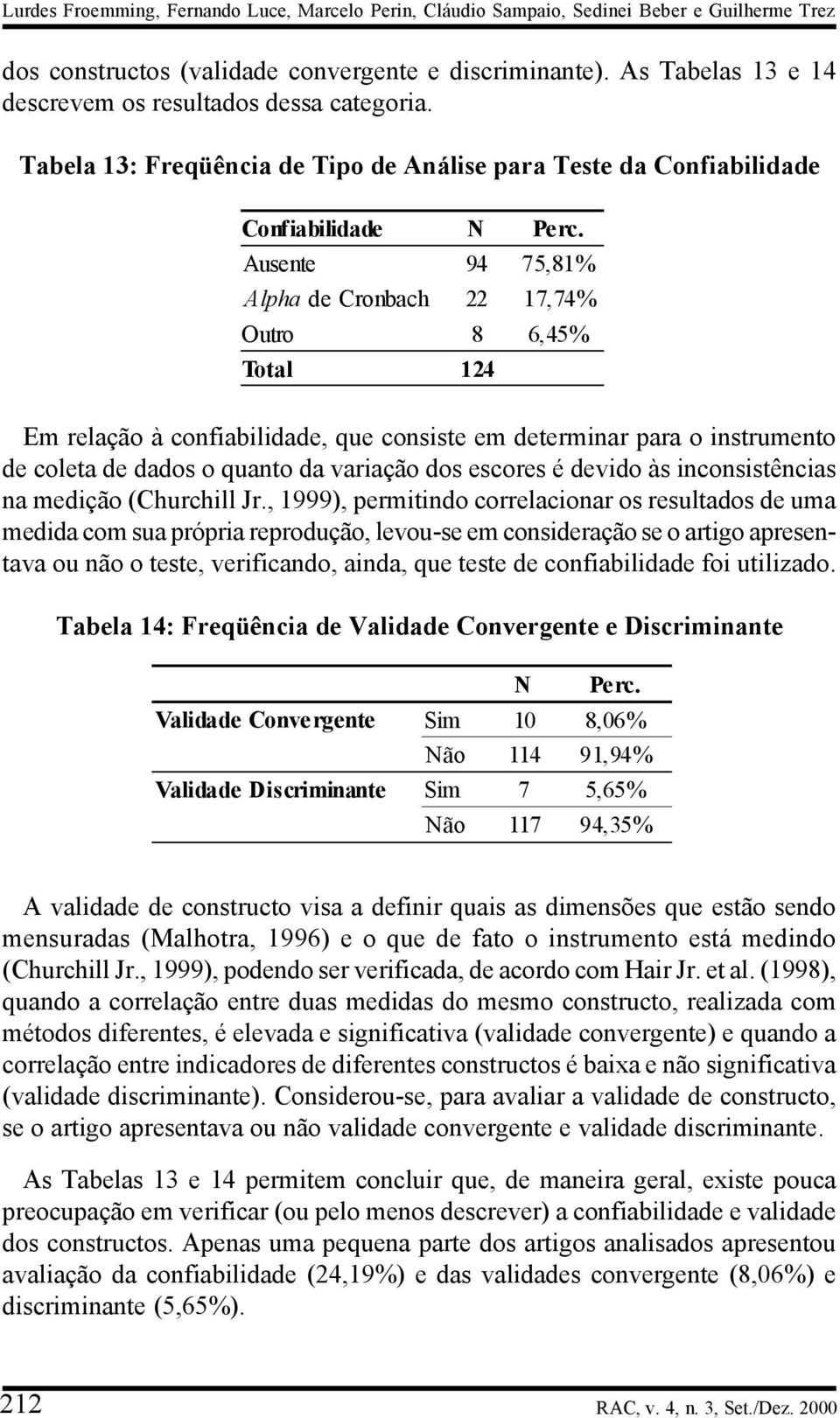 Ausente 94 75,81% Alpha de Cronbach 22 17,74% Outro 8 6,45% Total 124 Em relação à confiabilidade, que consiste em determinar para o instrumento de coleta de dados o quanto da variação dos escores é