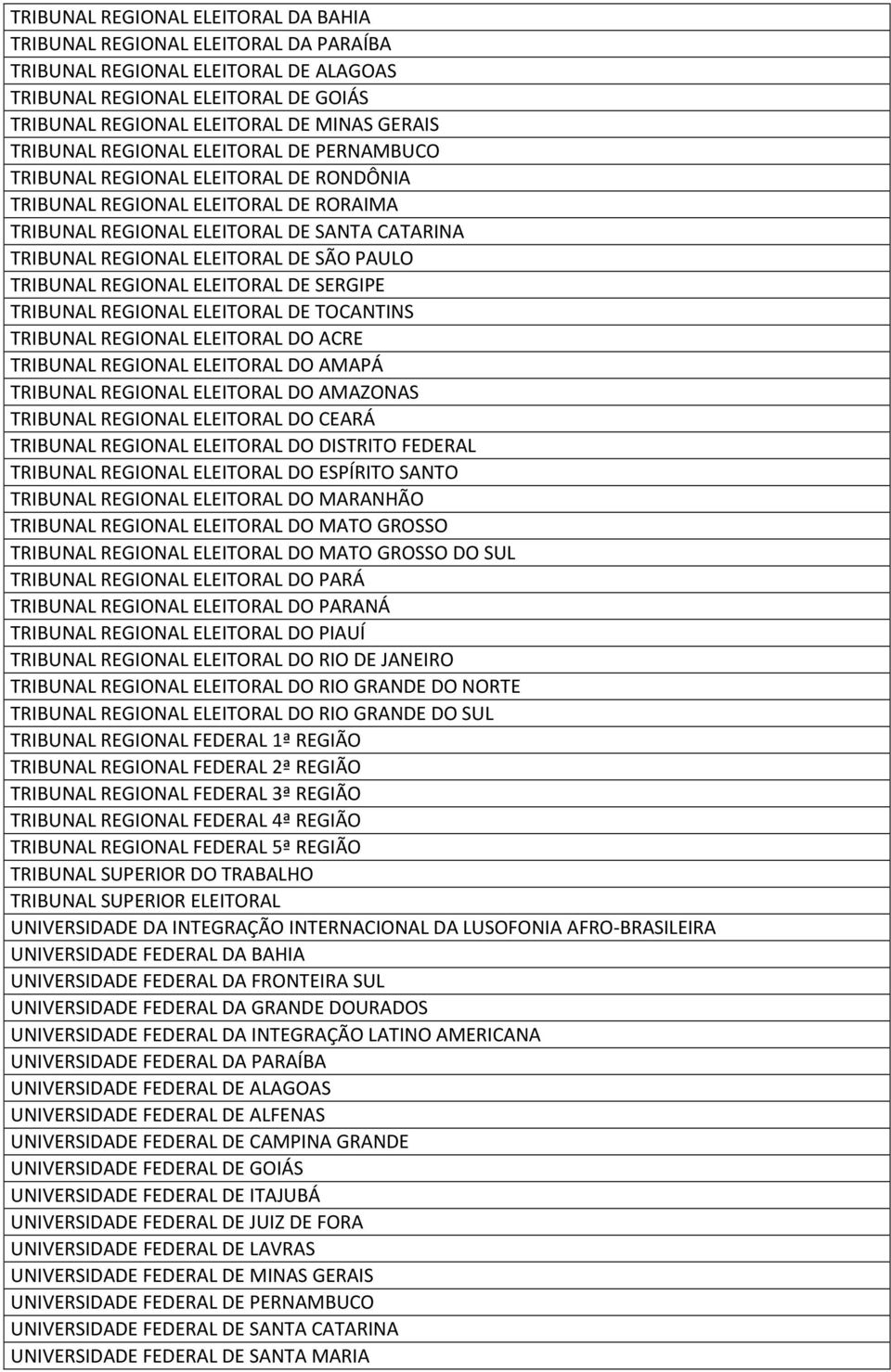 SÃO PAULO TRIBUNAL REGIONAL ELEITORAL DE SERGIPE TRIBUNAL REGIONAL ELEITORAL DE TOCANTINS TRIBUNAL REGIONAL ELEITORAL DO ACRE TRIBUNAL REGIONAL ELEITORAL DO AMAPÁ TRIBUNAL REGIONAL ELEITORAL DO