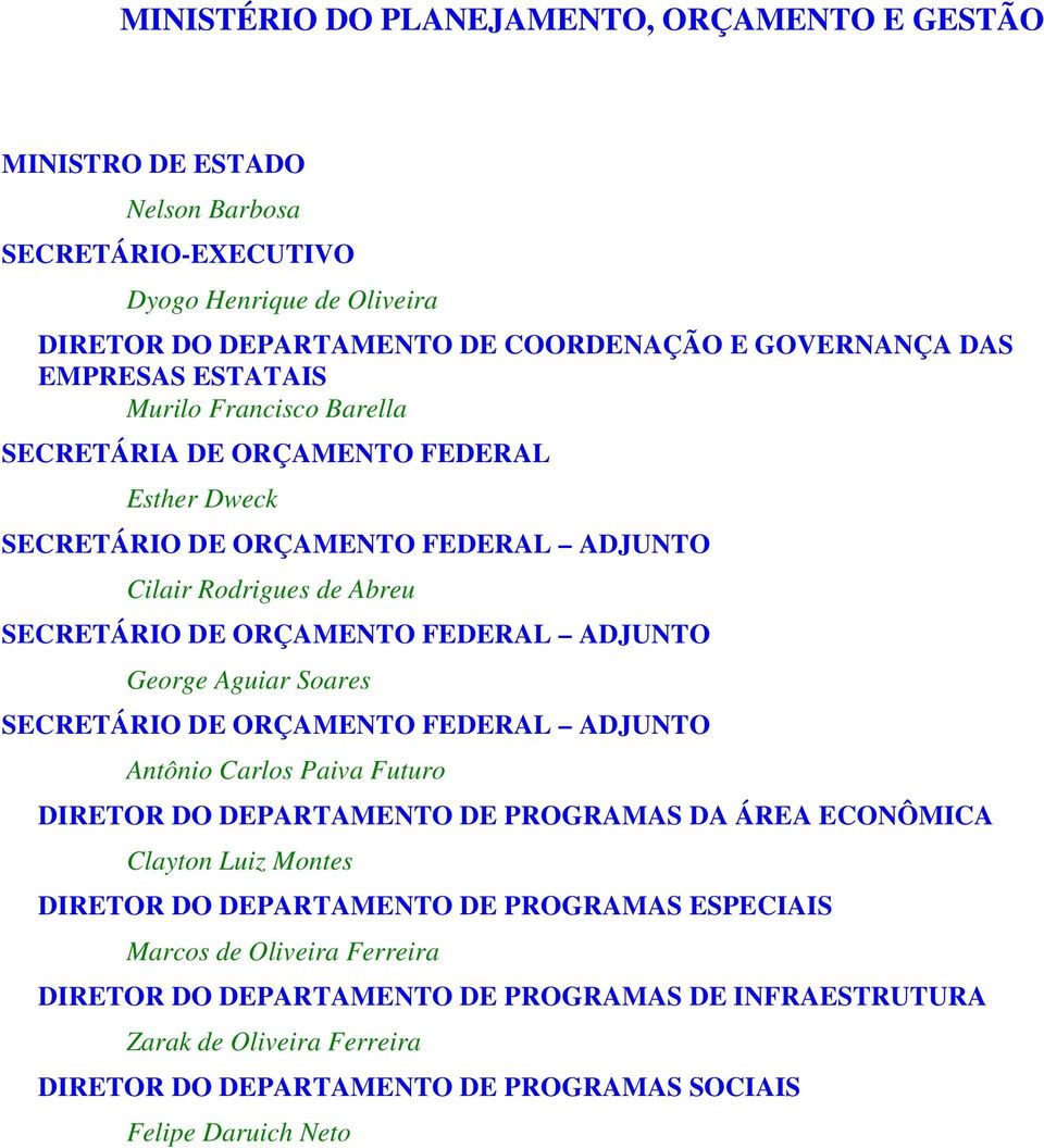 ADJUNTO George Aguiar Soares SECRETÁRIO DE ORÇAMENTO FEDERAL ADJUNTO Antônio Carlos Paiva Futuro DIRETOR DO DEPARTAMENTO DE PROGRAMAS DA ÁREA ECONÔMICA Clayton Luiz Montes DIRETOR DO