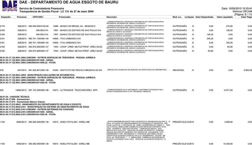 , CORRESPONDENTE A DESPESAS COM DEBITOS DE TARIFAS BANCARIAS, MESES DE JUNHO E JULHO/2015. OUTROS/NÃO /0 0,00 126,30 0,00 2180 526/2015 000.000.010-7567 - BANCO DO ESTADO DE SAO PAULO S/A.