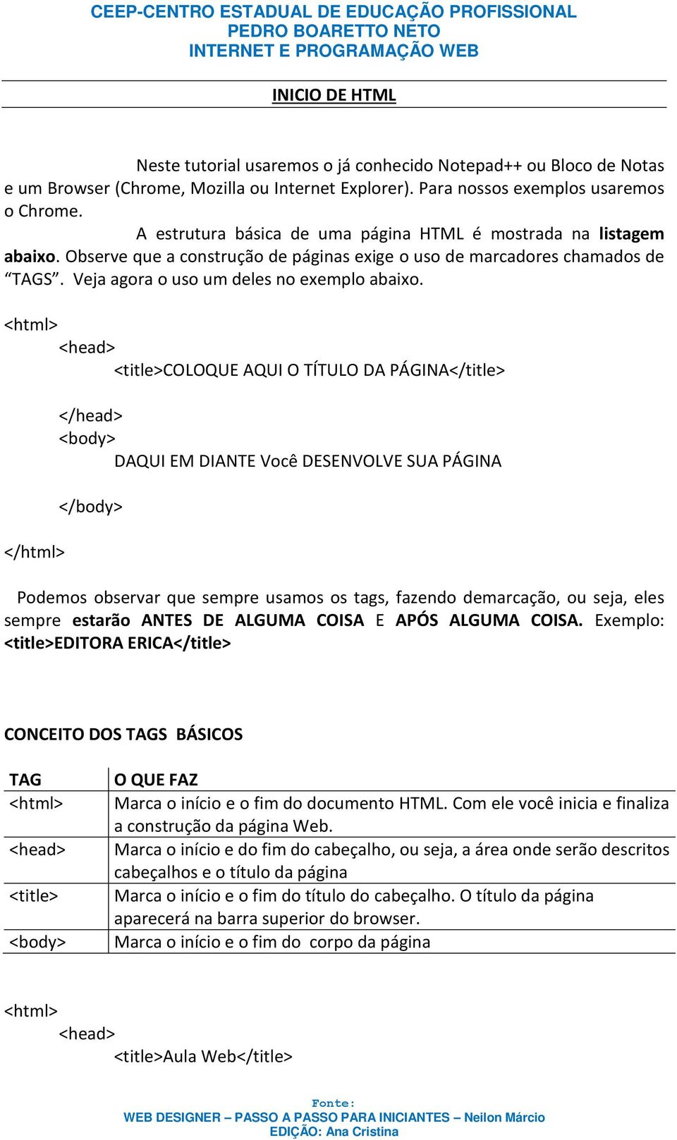 <head> <title>coloque AQUI O TÍTULO DA PÁGINA</title> DAQUI EM DIANTE Você DESENVOLVE SUA PÁGINA Podemos observar que sempre usamos os tags, fazendo demarcação, ou seja, eles sempre estarão ANTES DE