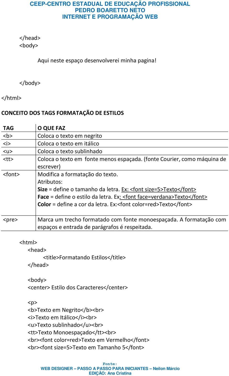 espaçada. (fonte Courier, como máquina de escrever) Modifica a formatação do texto. Atributos: Size = define o tamanho da letra. Ex: <font size=5>texto</font> Face = define o estilo da letra.