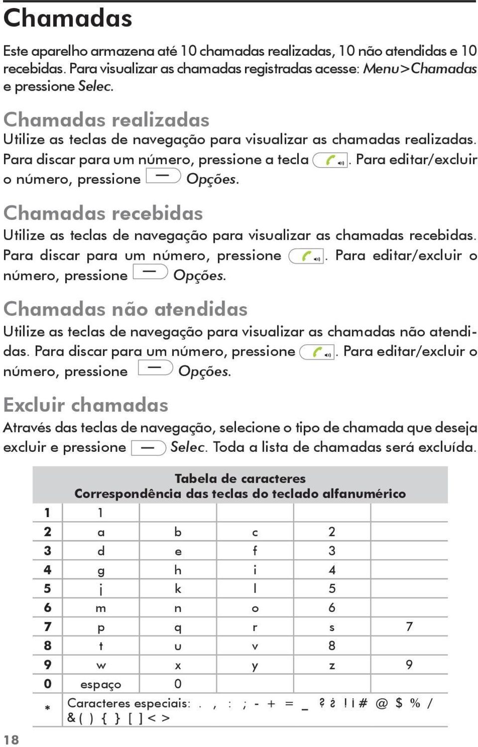 Chamadas recebidas Utilize as teclas de navegação para visualizar as chamadas recebidas. Para discar para um número, pressione. Para editar/excluir o número, pressione Opções.