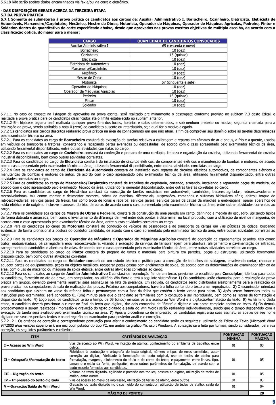 1 Somente se submeterão à prova prática os candidatos aos cargos de: Auxiliar Administrativo I, Borracheiro, Cozinheiro, Eletricista, Eletricista de Automóveis, Marceneiro/Carpinteiro, Mecânico,