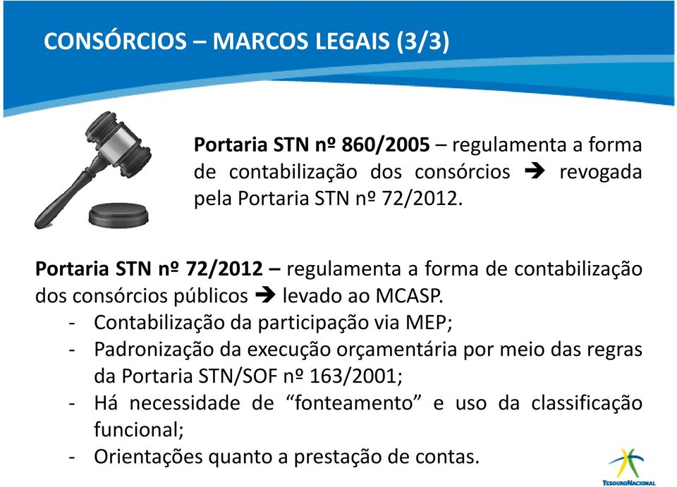Portaria STN nº 72/2012 regulamenta a forma de contabilização dos consórcios públicos levado ao MCASP.