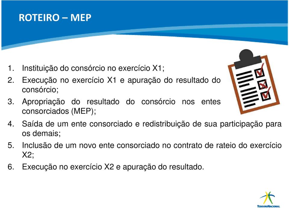 Apropriação do resultado do consórcio nos entes consorciados (MEP); 4.