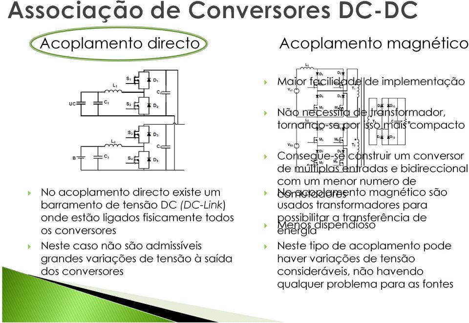 conversores Consegue-se construir um conversor de múltiplas entradas e bidireccional com um menor numero de No comutadores acoplamento magnético são usados
