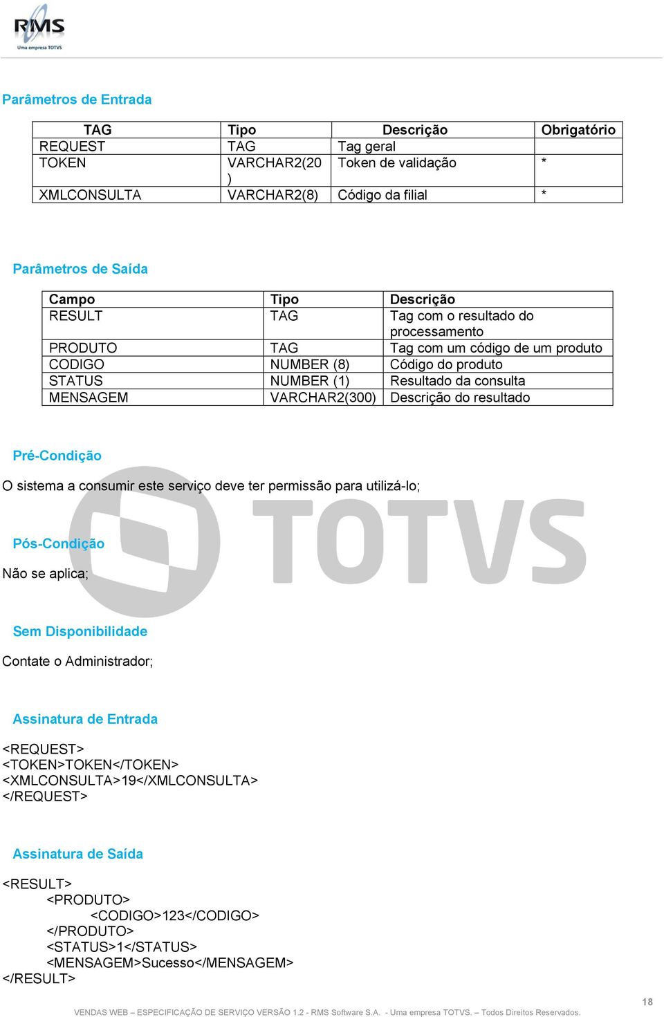 VARCHAR2(300) Descrição do resultado Pré-Condição O sistema a consumir este serviço deve ter permissão para utilizá-lo; Pós-Condição Não se aplica; Sem Disponibilidade Contate o Administrador;