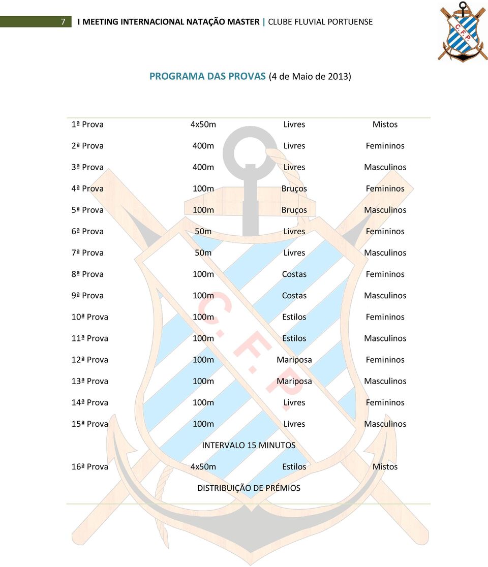 100m Costas Femininos 9ª Prova 100m Costas Masculinos 10ª Prova 100m Estilos Femininos 11ª Prova 100m Estilos Masculinos 12ª Prova 100m Mariposa Femininos 13ª Prova