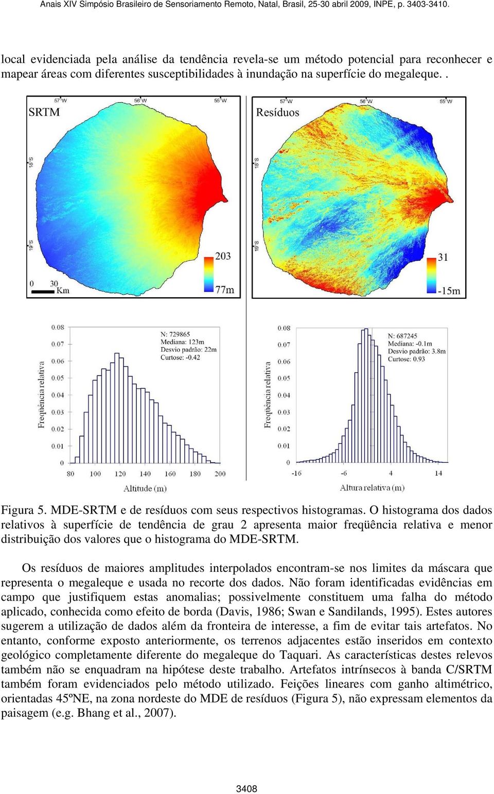 O histograma dos dados relativos à superfície de tendência de grau 2 apresenta maior freqüência relativa e menor distribuição dos valores que o histograma do MDE-SRTM.