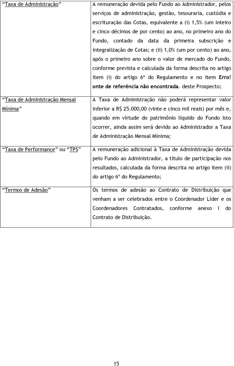 integralização de Cotas; e (ii) 1,0% (um por cento) ao ano, após o primeiro ano sobre o valor de mercado do Fundo, conforme prevista e calculada da forma descrita no artigo item (i) do artigo 6º do