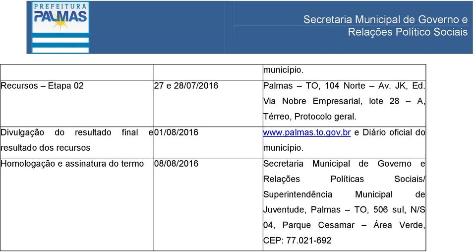 br e Diário oficial do resultado dos recursos município.