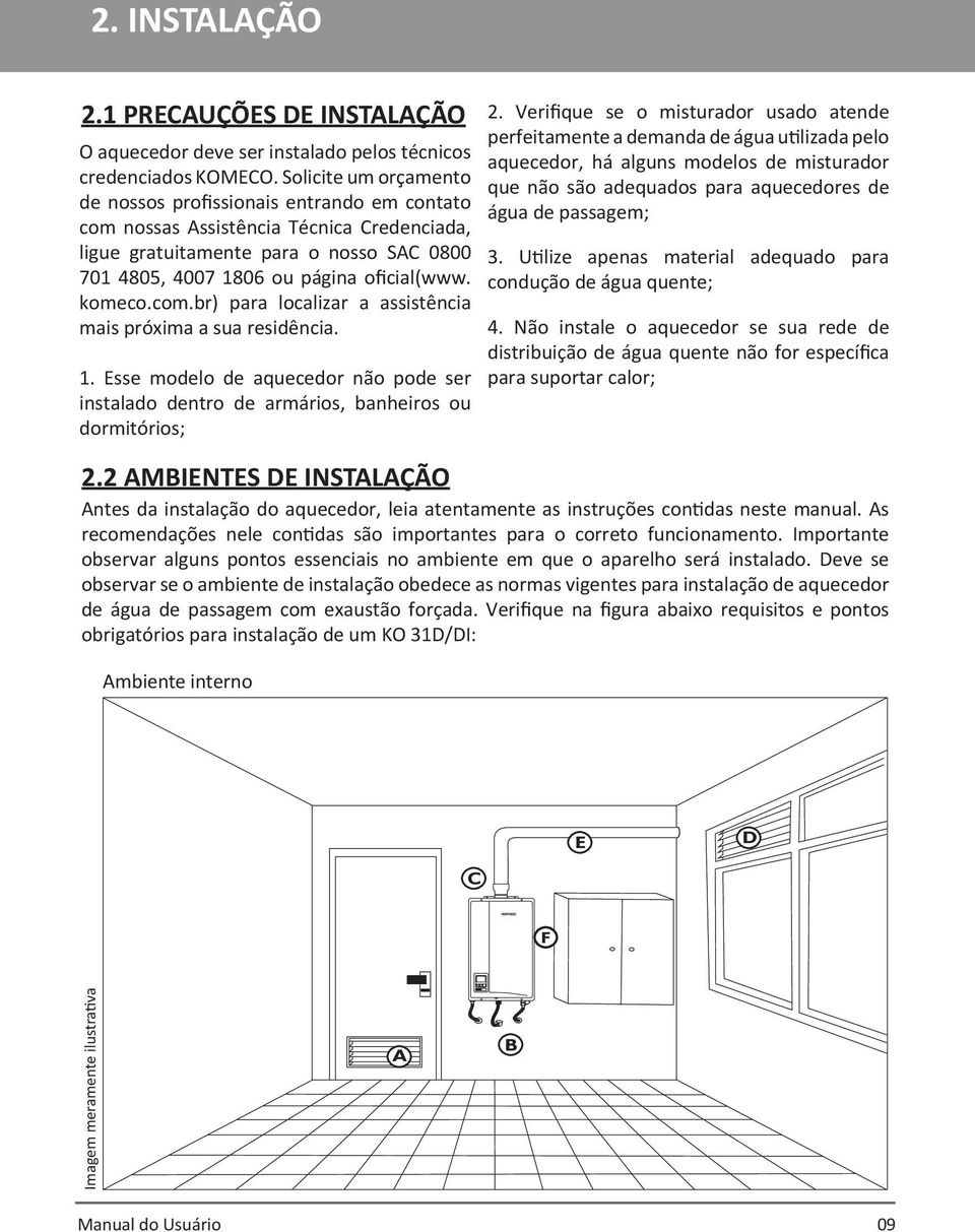 komeco.com.br) para localizar a assistência mais próxima a sua residência. 1. Esse modelo de aquecedor não pode ser instalado dentro de armários, banheiros ou dormitórios; 2.