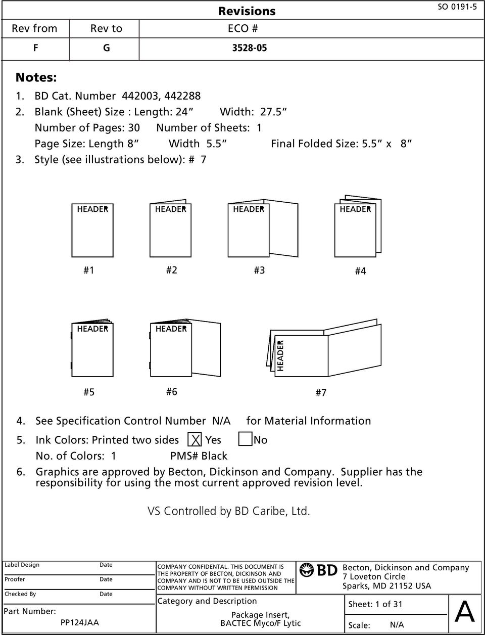 See Specification Control Number N/A for Material Information X 5. Ink Colors: Printed two sides Yes No No. of Colors: 1 PMS# Black 6. Graphics are approved by Becton, Dickinson and Company.