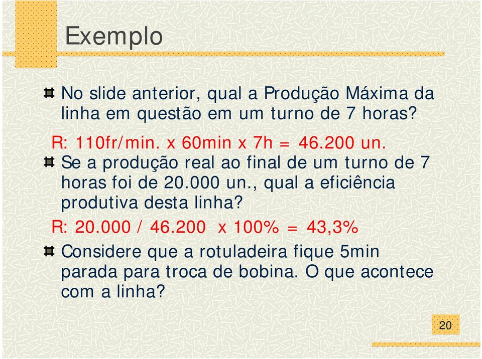 Se a produção real ao final de um turno de 7 horas foi de 20.000 un.