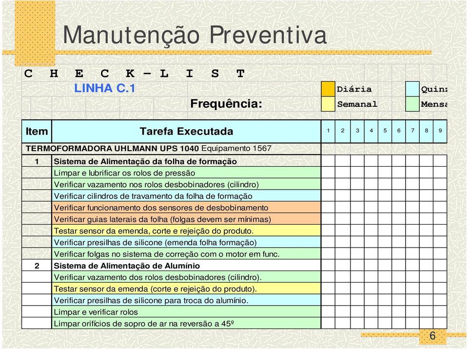 rolos de pressão Verificar vazamento nos rolos desbobinadores (cilindro) Verificar cilindros de travamento da folha de formação Verificar funcionamento dos sensores de desbobinamento Verificar guias