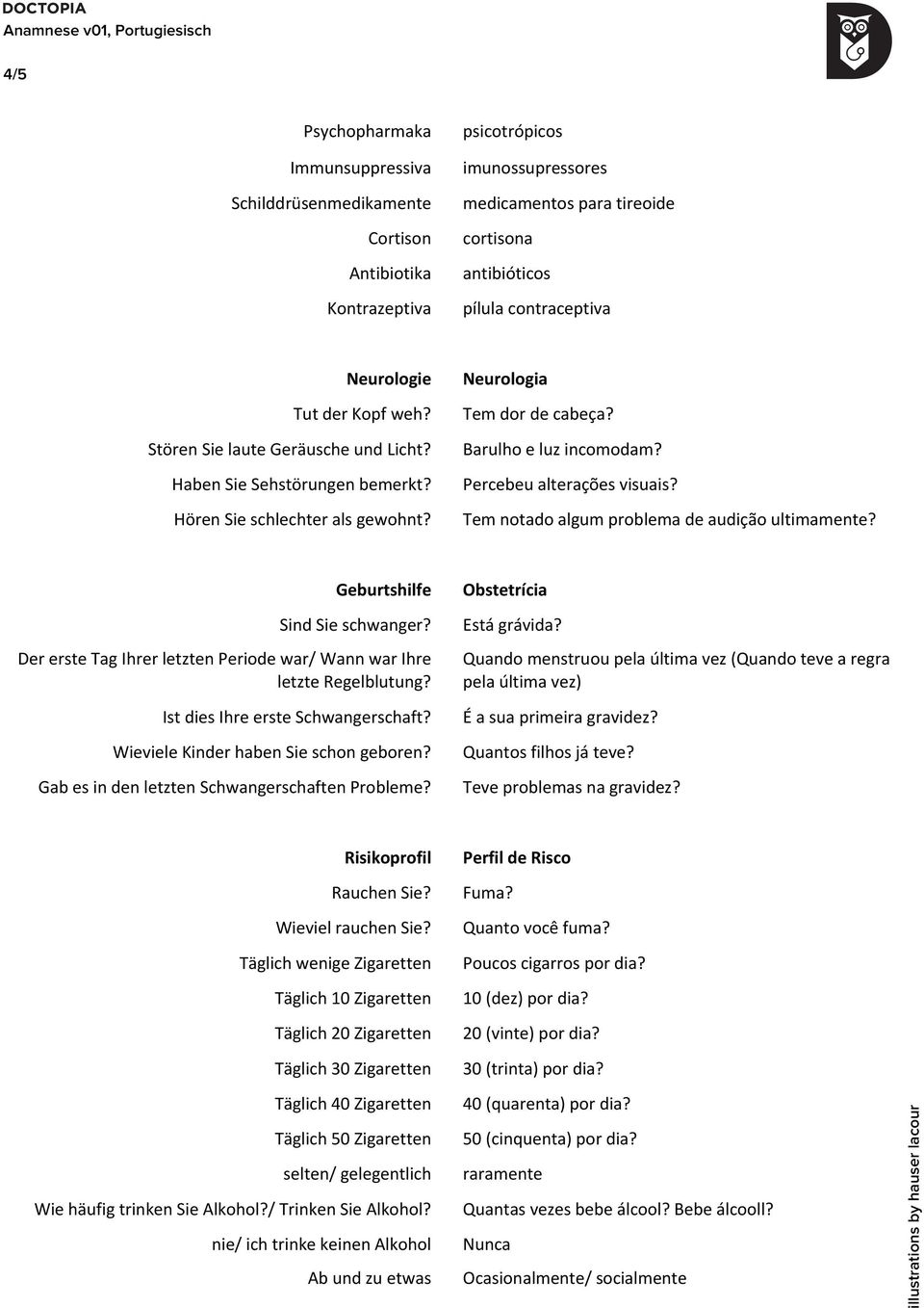 Percebeu alterações visuais? Tem notado algum problema de audição ultimamente? Geburtshilfe Sind Sie schwanger? Der erste Tag Ihrer letzten Periode war/ Wann war Ihre letzte Regelblutung?