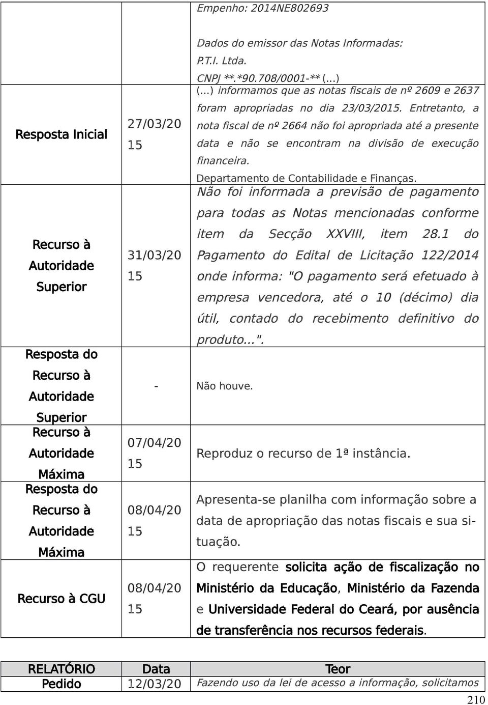 Entretanto, a 27/03/20 nota fiscal de nº 2664 não foi apropriada até a presente data e não se encontram na divisão de execução financeira. Departamento de Contabilidade e Finanças.