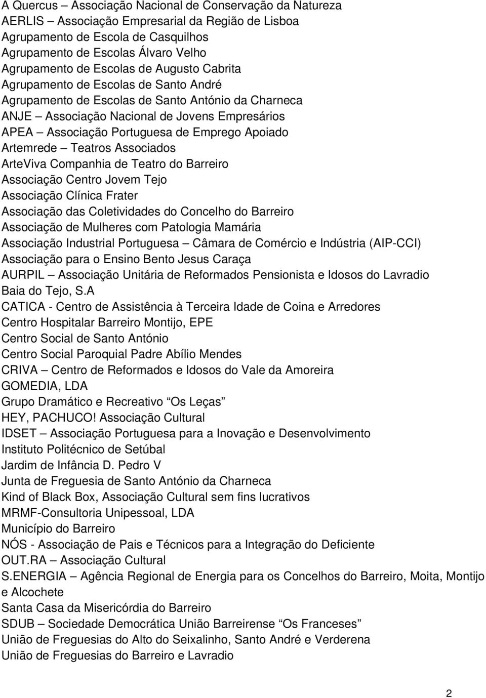 Emprego Apoiado Artemrede Teatros Associados ArteViva Companhia de Teatro do Barreiro Associação Centro Jovem Tejo Associação Clínica Frater Associação das Coletividades do Concelho do Barreiro