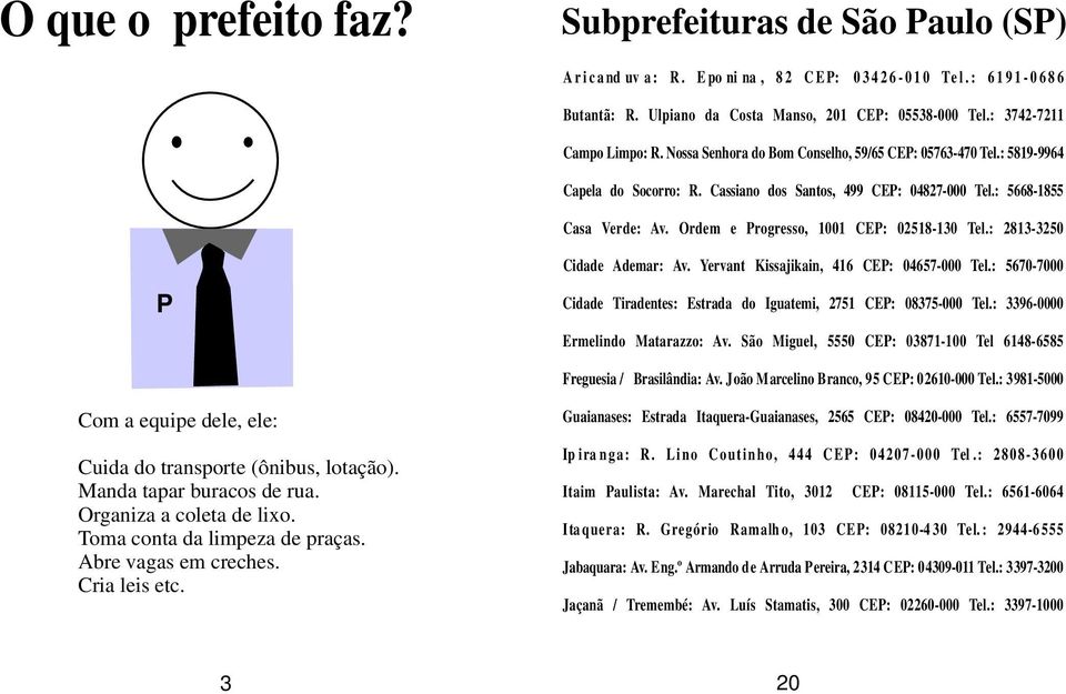 Ordem e Progresso, 1001 CEP: 02518-130 Tel.: 2813-3250 P Cidade Ademar: Av. Yervant Kissajikain, 416 CEP: 04657-000 Tel.: 5670-7000 Cidade Tiradentes: Estrada do Iguatemi, 2751 CEP: 08375-000 Tel.