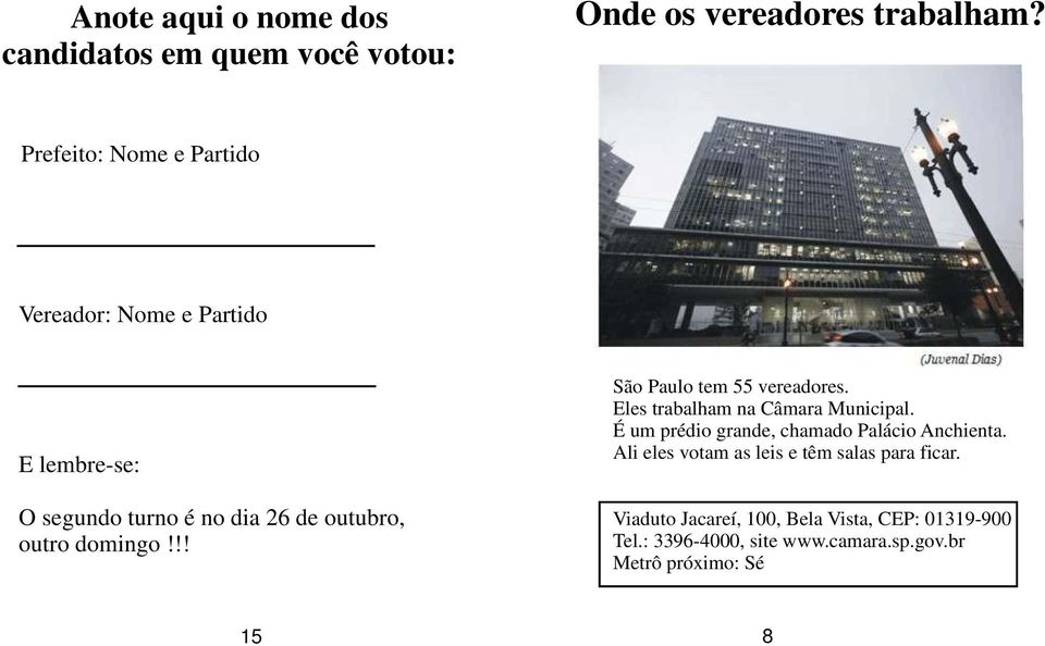 !! São Paulo tem 55 vereadores. Eles trabalham na Câmara Municipal. É um prédio grande, chamado Palácio Anchienta.