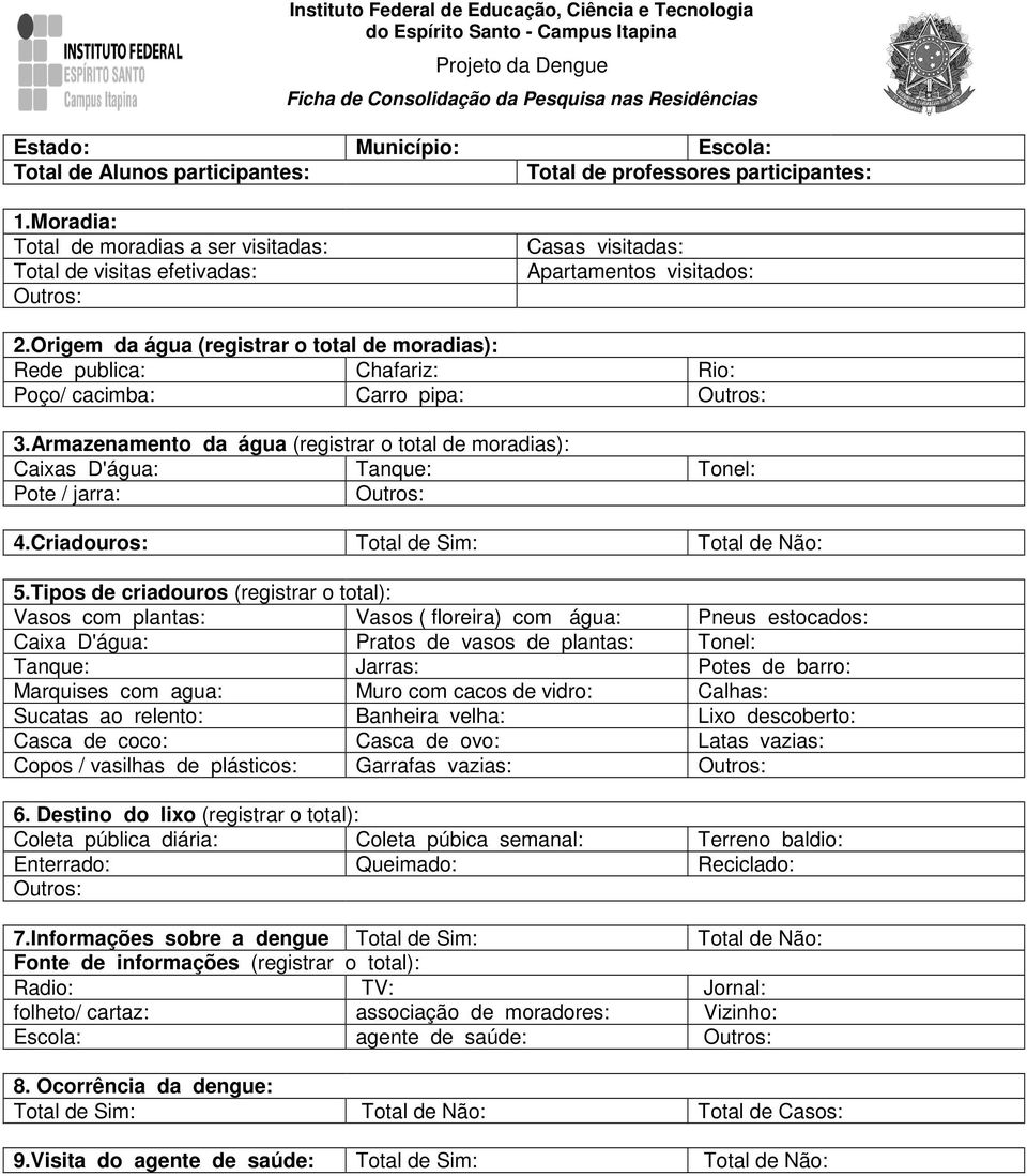 Origem da água (registrar o total de moradias): Rede publica: Chafariz: Rio: Poço/ cacimba: Carro pipa: Outros: 3.