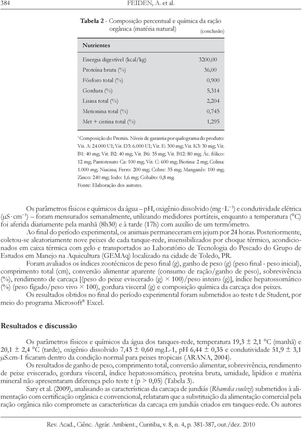 5,314 Lisina total (%) 2,204 Metionina total (%) 0,745 Met + cistina total (%) 1,295 1 Composição do Premix. Níveis de garantia por quilograma do produto: Vit. A: 24.000 UI; Vit. D3: 6.000 UI; Vit. E: 300 mg; Vit.