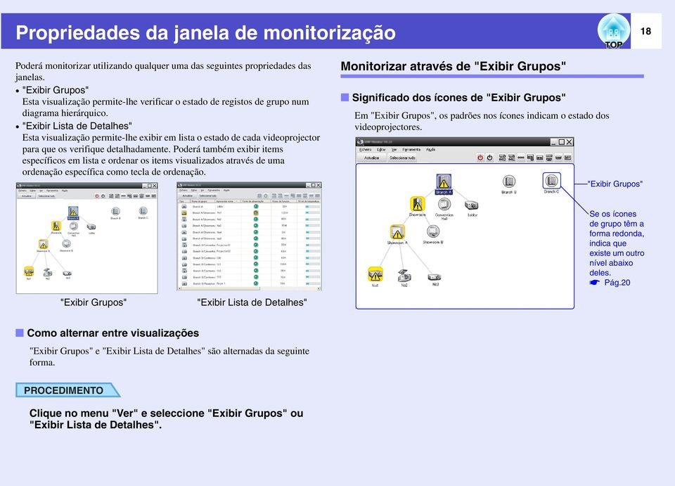 "Exibir Lista de Detalhes" Esta visualização permite-lhe exibir em lista o estado de cada videoprojector para que os verifique detalhadamente.