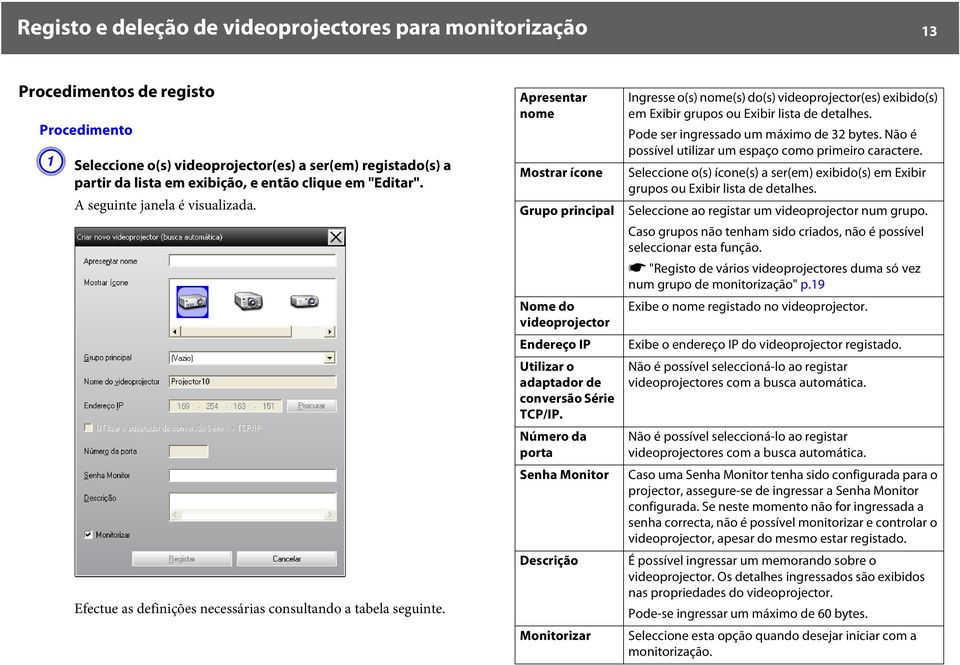 Apresentar nome Mostrar ícone Grupo principal Nome do videoprojector Endereço IP Utilizar o adaptador de conversão Série TCP/IP.