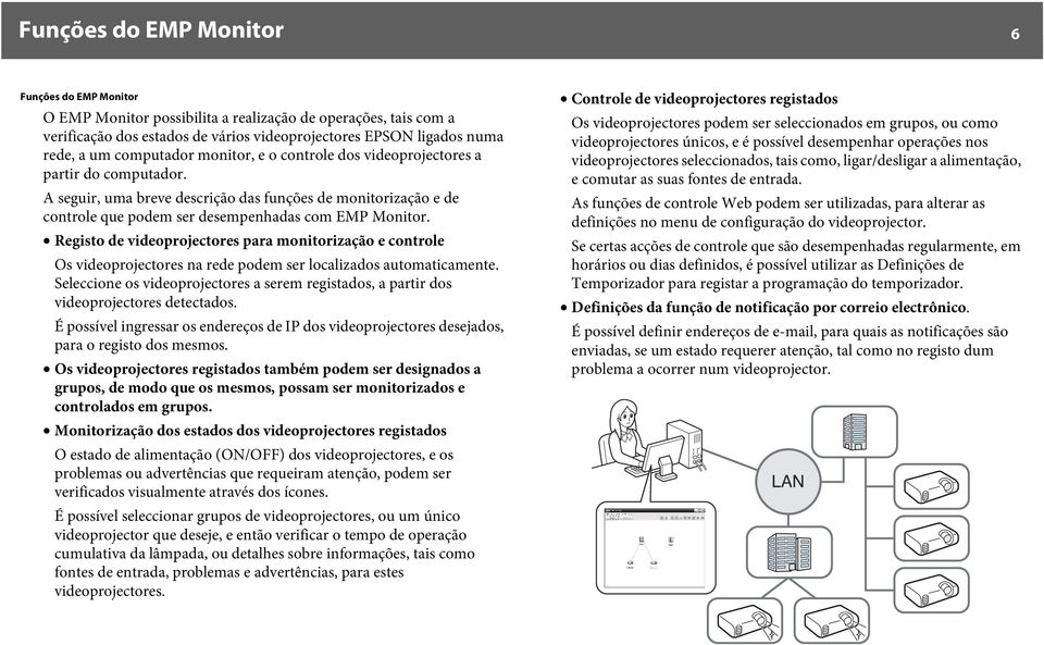 Registo de videoprojectores para monitorização e controle Os videoprojectores na rede podem ser localizados automaticamente.
