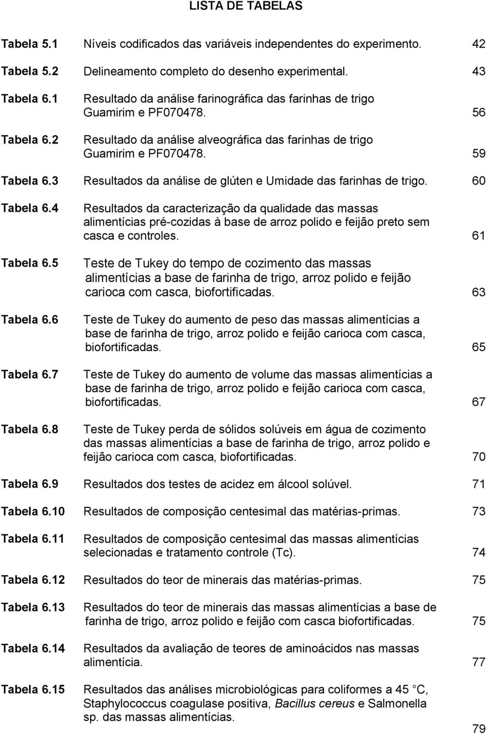 3 Resultados da análise de glúten e Umidade das farinhas de trigo. 60 Tabela 6.4 Tabela 6.5 Tabela 6.6 Tabela 6.7 Tabela 6.