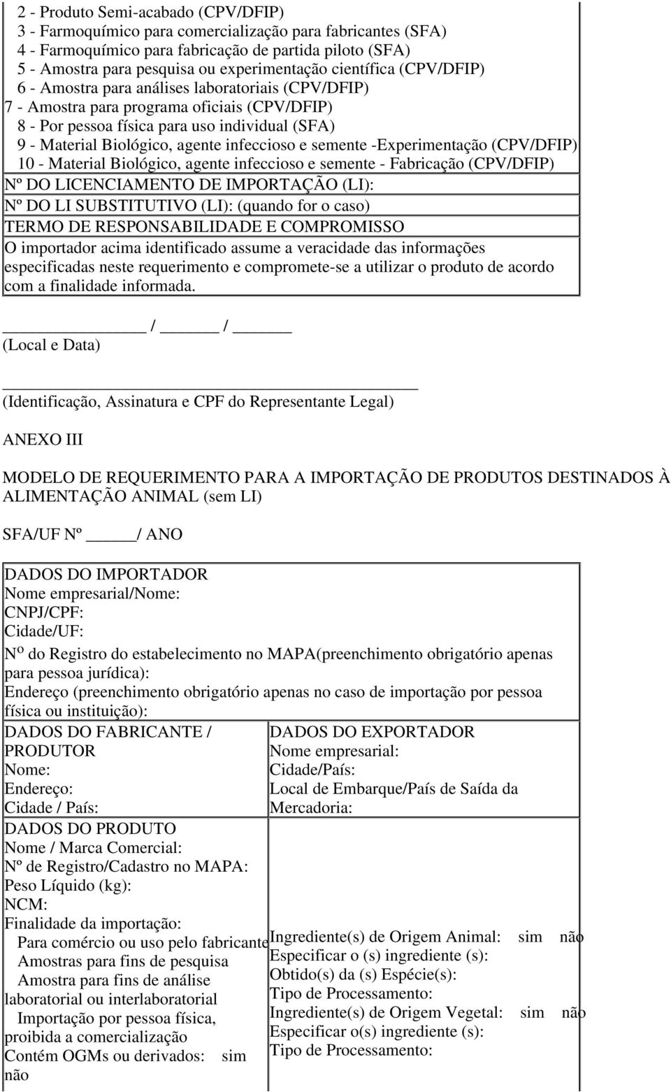 infeccioso e semente -Experimentação (CPV/DFIP) 10 - Material Biológico, agente infeccioso e semente - Fabricação (CPV/DFIP) Nº DO LICENCIAMENTO DE IMPORTAÇÃO (LI): Nº DO LI SUBSTITUTIVO (LI):