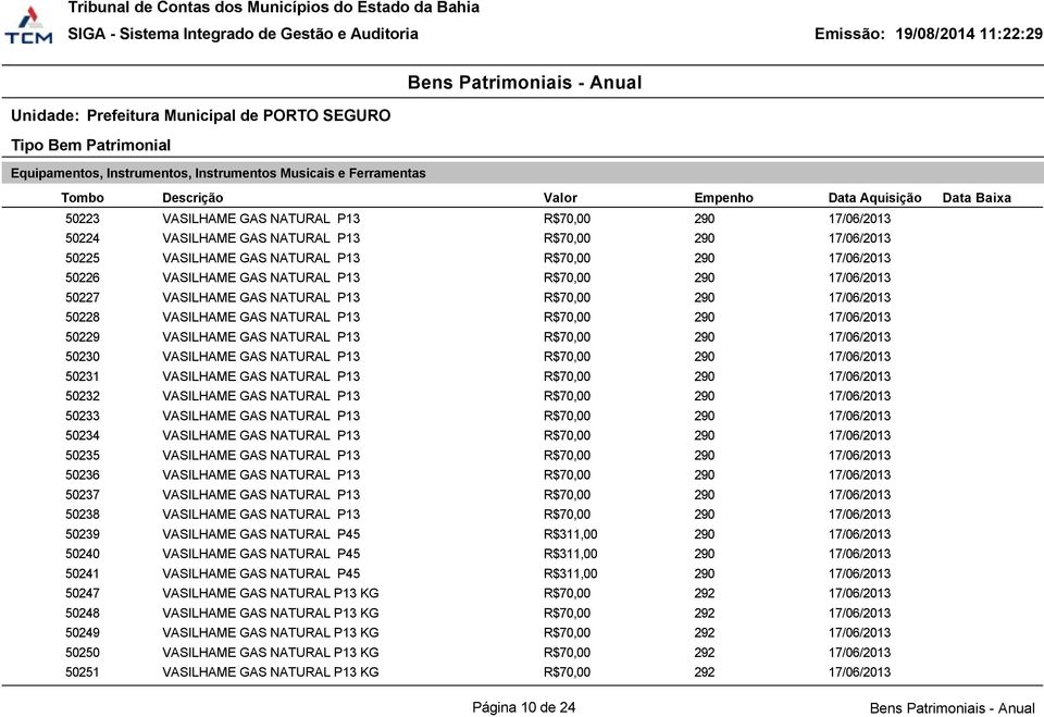 VASILHAME GAS NATURAL P13 R$70,00 290 17/06/2013 50231 VASILHAME GAS NATURAL P13 R$70,00 290 17/06/2013 50232 VASILHAME GAS NATURAL P13 R$70,00 290 17/06/2013 50233 VASILHAME GAS NATURAL P13 R$70,00