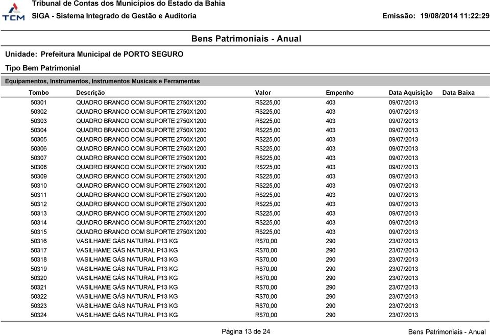 50307 QUADRO BRANCO COM SUPORTE 2750X1200 R$225,00 403 09/07/2013 50308 QUADRO BRANCO COM SUPORTE 2750X1200 R$225,00 403 09/07/2013 50309 QUADRO BRANCO COM SUPORTE 2750X1200 R$225,00 403 09/07/2013