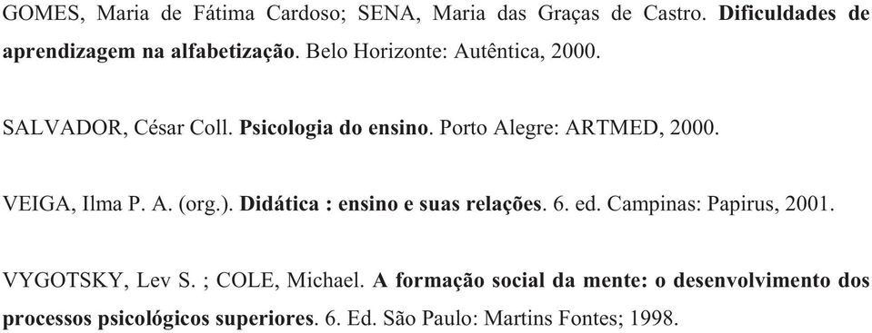 VEIGA, Ilma P. A. (org.). Didática : ensino e suas relações. 6. ed. Campinas: Papirus, 2001. VYGOTSKY, Lev S.