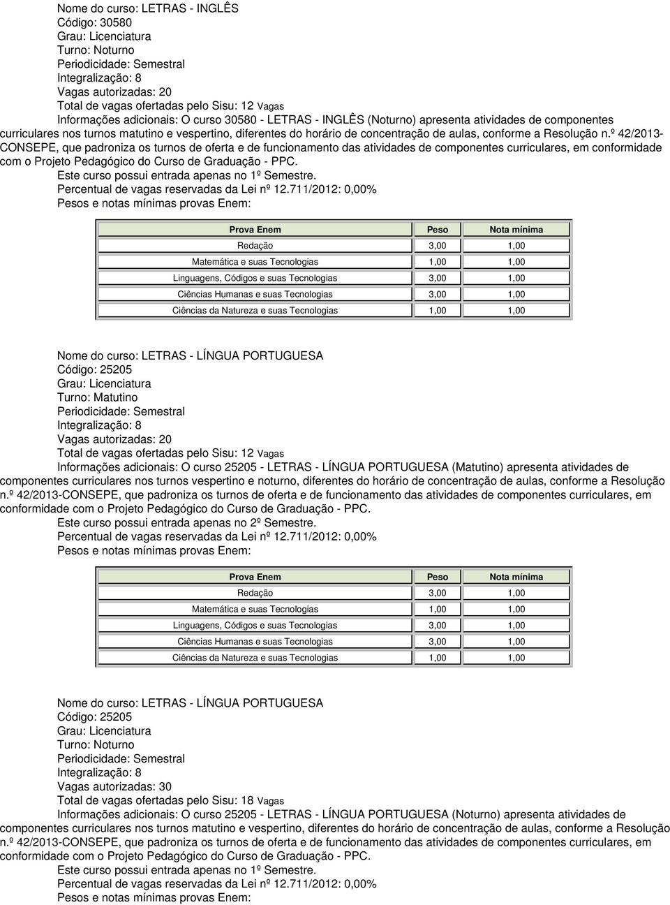 º 42/2013- CONSEPE, que padroniza os turnos de oferta e de funcionamento das atividades de componentes curriculares, em conformidade com o Projeto Nome do curso: LETRAS - LÍNGUA PORTUGUESA Código: