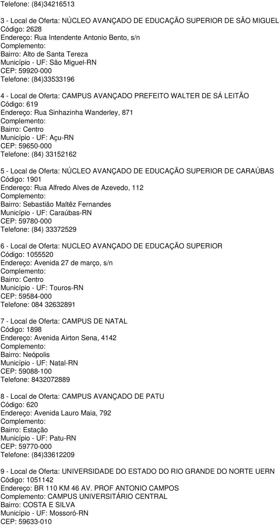 UF: Açu-RN CEP: 59650-000 Telefone: (84) 33152162 5 - Local de Oferta: NÚCLEO AVANÇADO DE EDUCAÇÃO SUPERIOR DE CARAÚBAS Código: 1901 Endereço: Rua Alfredo Alves de Azevedo, 112 Bairro: Sebastião