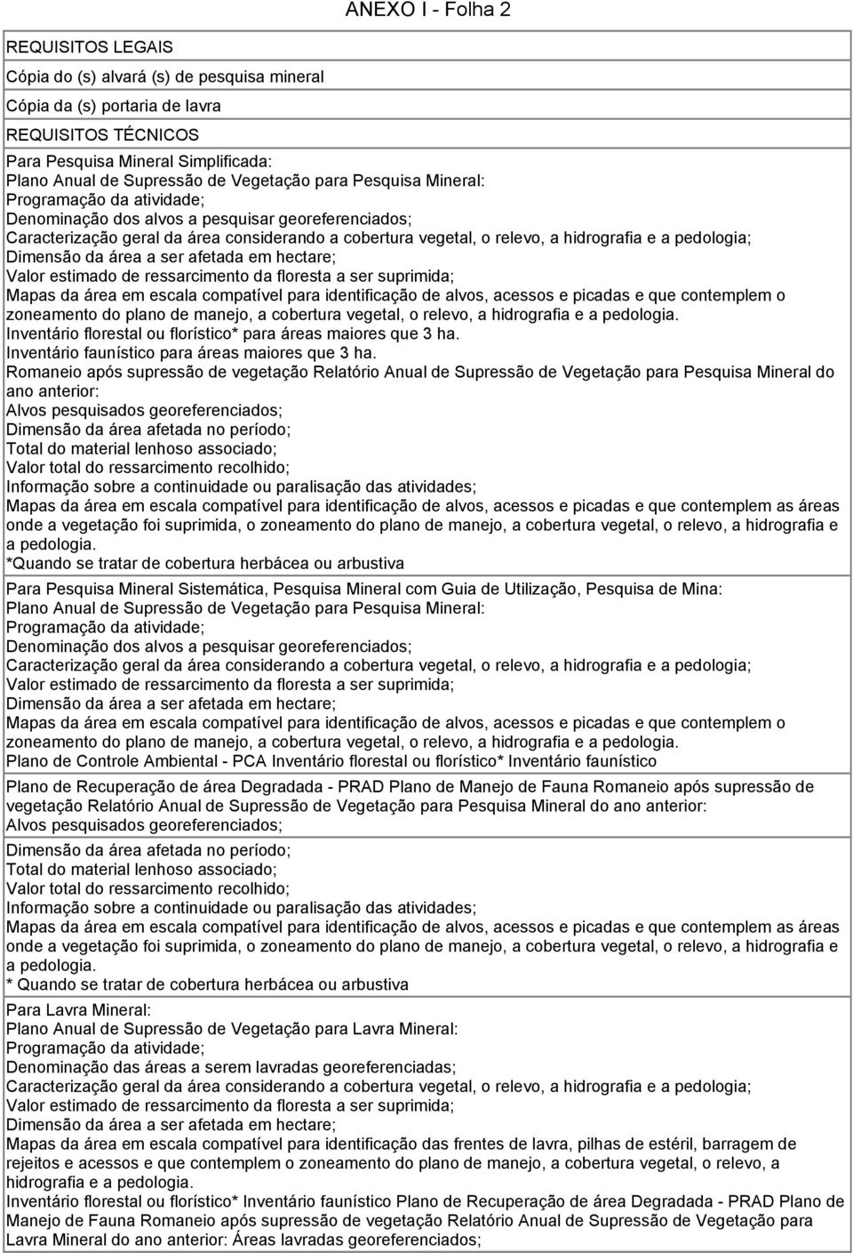 a pedologia; Dimensão da área a ser afetada em hectare; Valor estimado de ressarcimento da floresta a ser suprimida; Mapas da área em escala compatível para identificação de alvos, acessos e picadas