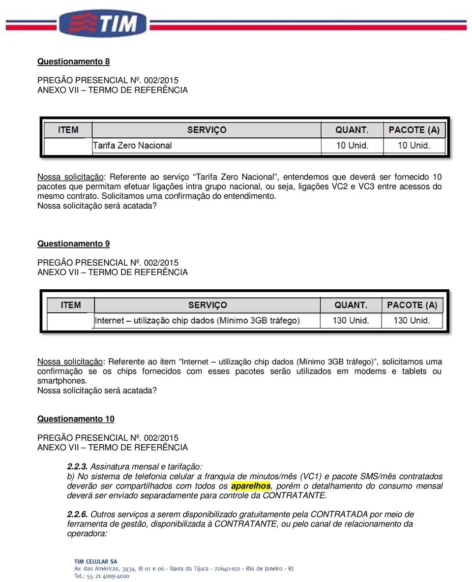 Questionamento 9 Nossa solicitação: Referente ao item Internet utilização chip dados (Mínimo 3GB tráfego), solicitamos uma confirmação se os chips fornecidos com esses pacotes serão utilizados em