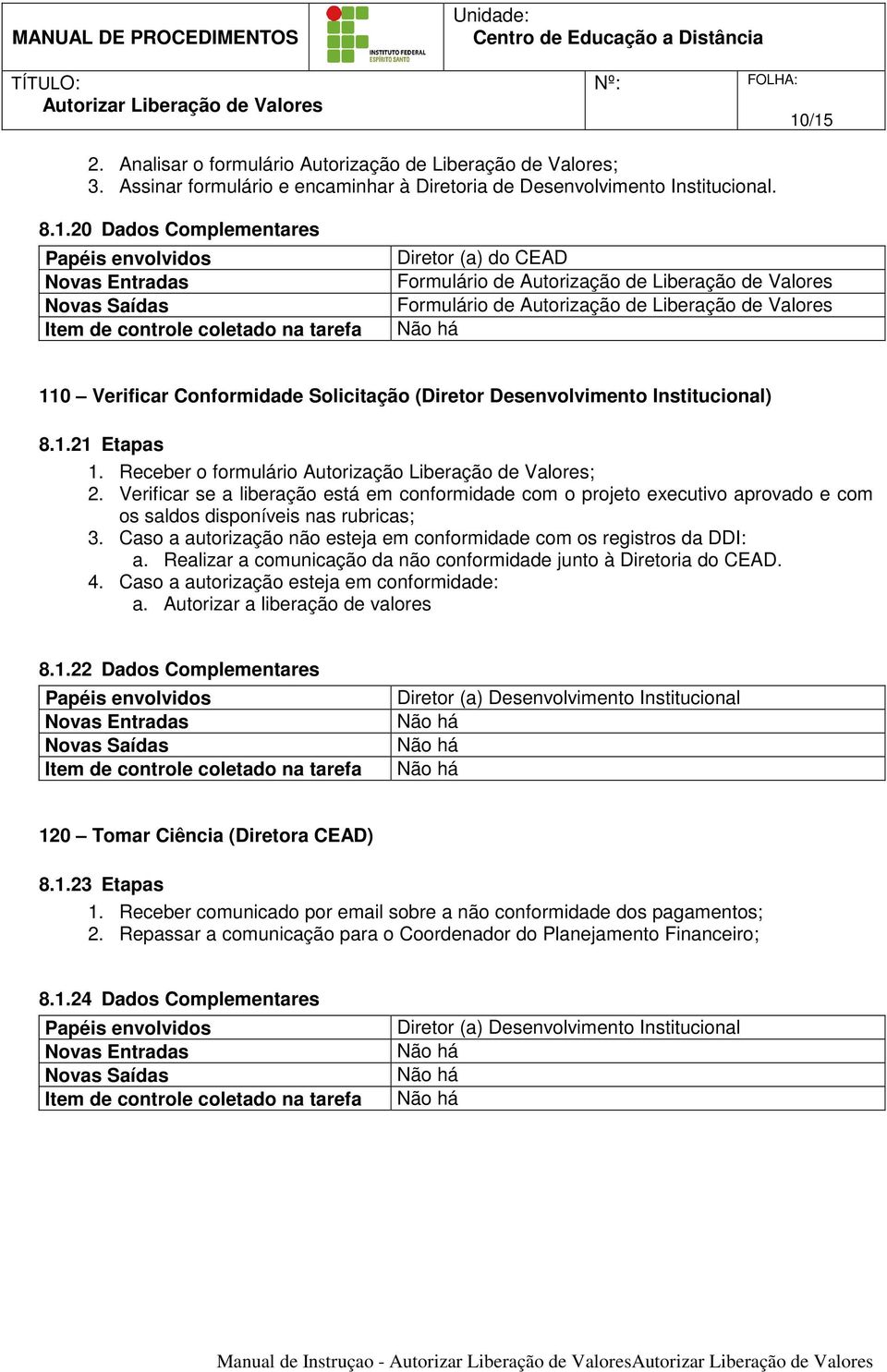 Receber o formulário Autorização Liberação de Valores; 2. Verificar se a liberação está em conformidade com o projeto executivo aprovado e com os saldos disponíveis nas rubricas; 3.