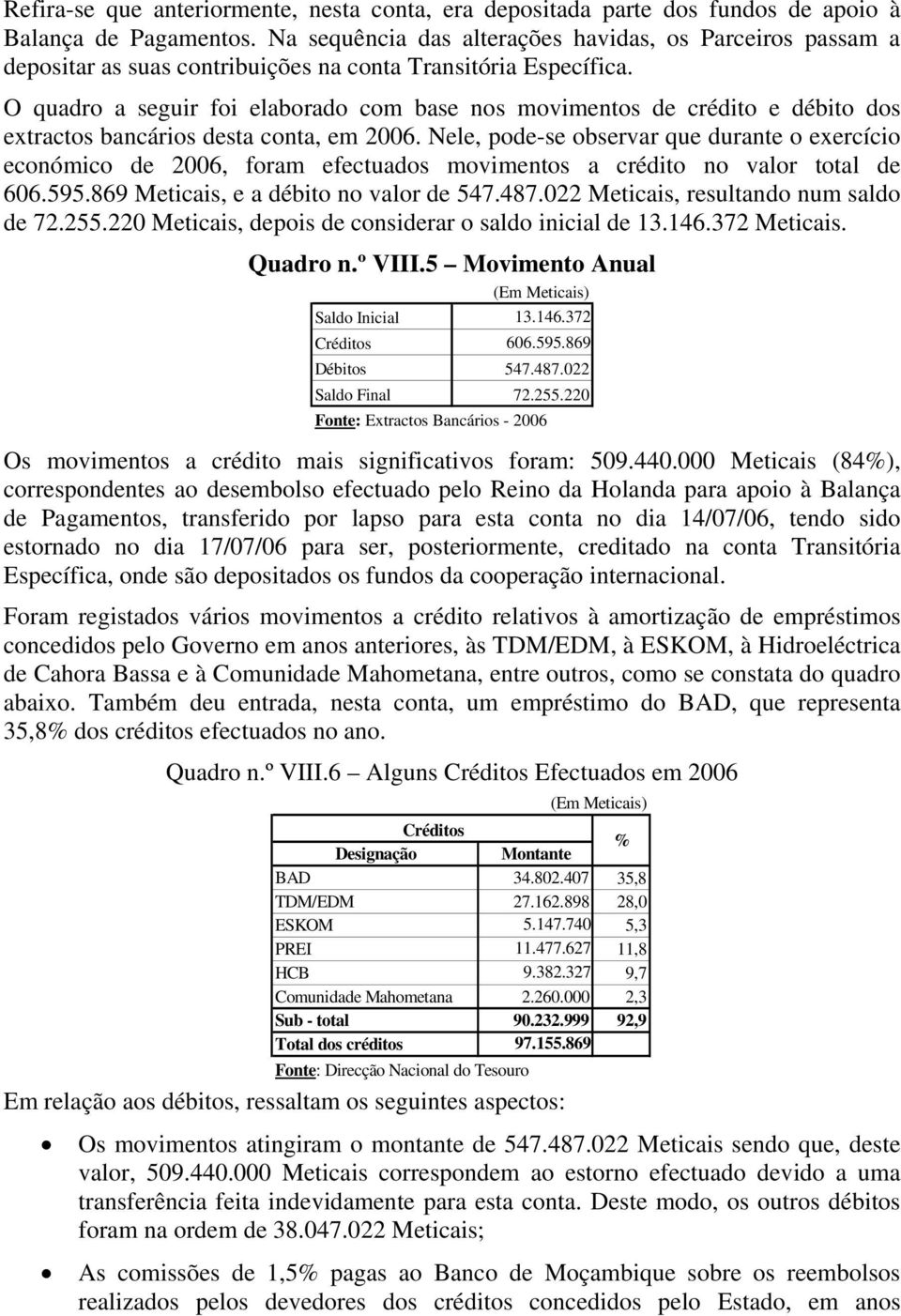 O quadro a seguir foi elaborado com base nos movimentos de crédito e débito dos extractos bancários desta conta, em 2006.