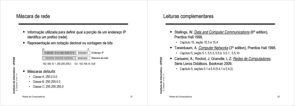 Data and Computer Communications (6 th edition), Prentice Hall 999. Capítulo 5, seção 5.3 a 5.4 Tanenbaum, A. Computer Networks (3 th edition), Prentice Hall 996. Capítulo 5, seção 5 5., 553 5.5.3, 559 5.