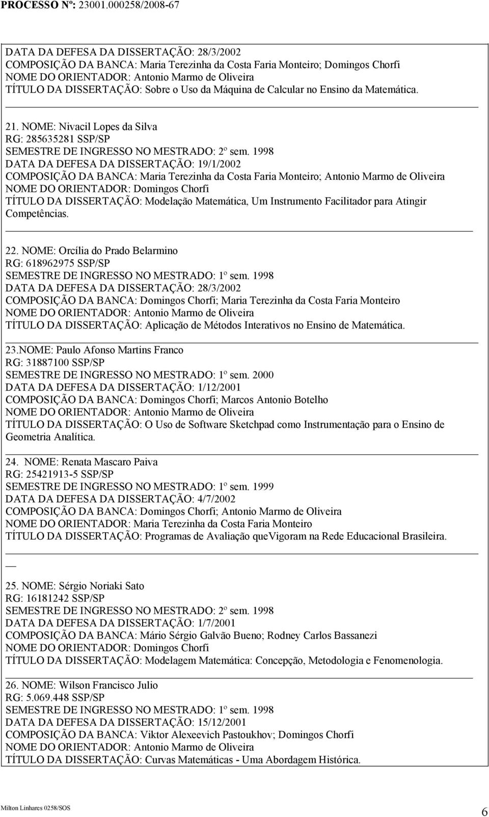 NOME: Nivacil Lopes da Silva RG: 285635281 SSP/SP DATA DA DEFESA DA DISSERTAÇÃO: 19/1/2002 COMPOSIÇÃO DA BANCA: Maria Terezinha da Costa Faria Monteiro; Antonio Marmo de Oliveira TÍTULO DA