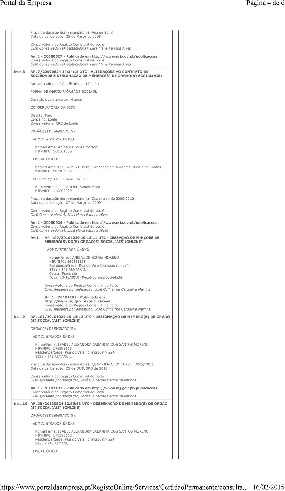 1 FORMA DE OBRIGAR/ÓRGÃOS SOCIAIS: Duração dos mandatos: 4 anos CONSERVATÓRIA DA SEDE: Distrito: Faro Concelho: Loulé Conservatoria: CRC de Loulé Nome/Firma: Aníbal de Sousa Moreno Nome/Firma: Diz,