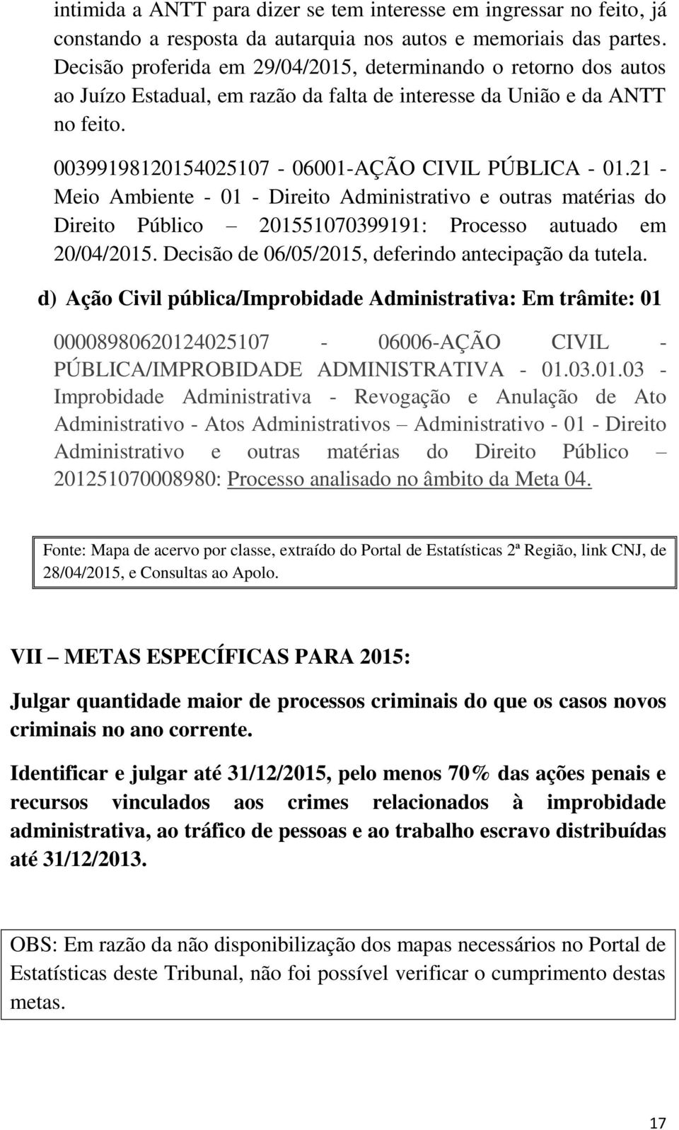 21 - Meio Ambiente - 01 - Direito Administrativo e outras matérias do Direito Público 201551070399191: Processo autuado em 20/04/2015. Decisão de 06/05/2015, deferindo antecipação da tutela.