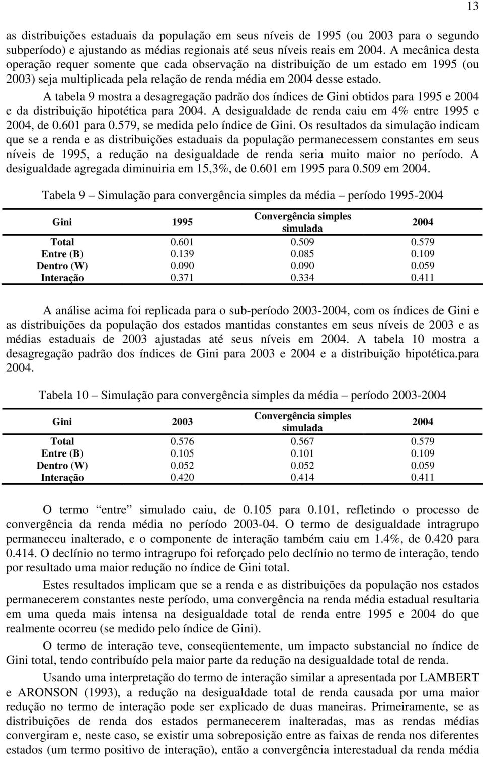 A tabela 9 mosta a desagegação padão dos índices de Gini obtidos paa 995 e 2004 e da distibuição hipotética paa 2004. A desigualdade de enda caiu em 4% ente 995 e 2004, de 0.60 paa 0.